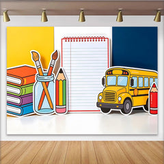 Lofaris Colorful Back To School Backdrop with Yellow Bus, Books, and Pencils, Educational Photography Background for Classroom Decor
