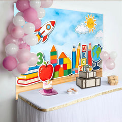 Lofaris Cartoon School Learning Photography Backdrop with Rocket and Globe, Colorful Educational Background for Kids Photoshoot
