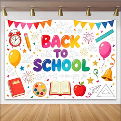 Lofaris Vibrant Back To School Backdrop with Alarm Clock, Books and Apple, Educational Theme Background for Classroom Decor
