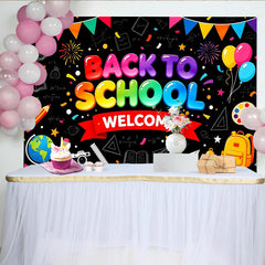 Lofaris Colorful Back To School Welcome Backdrop with Balloons and School Supplies, Vibrant Classroom Decor for First Day Photoshoot