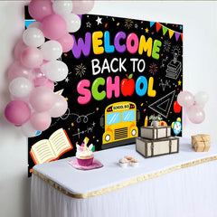 Lofaris's Colorful Welcome Back to School Backdrop with School Bus and Books, Educational Party Decor for Classroom and Photoshoot