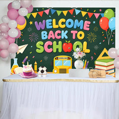 Lofaris Colorful Welcome Back To School Backdrop with Bus and Books, Chalkboard Style Background for Classroom Decor and Studio Photos