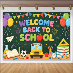 Lofaris Colorful Welcome Back To School Backdrop with Bus and Books, Chalkboard Style Background for Classroom Decor and Studio Photos