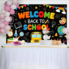 Lofaris Colorful Welcome Back To School Backdrop with Bus and Books, Chalkboard Educational Background for Classroom Decor