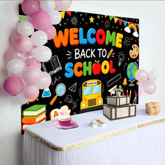 Lofaris Colorful Welcome Back To School Backdrop with Bus and Books, Chalkboard Educational Background for Classroom Decor