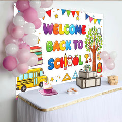 Lofaris Vibrant Welcome Back To School Backdrop with School Bus, Books and Pencils, Fun Classroom Decor for Photography