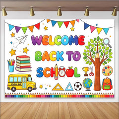 Lofaris Vibrant Welcome Back To School Backdrop with School Bus, Books and Pencils, Fun Classroom Decor for Photography