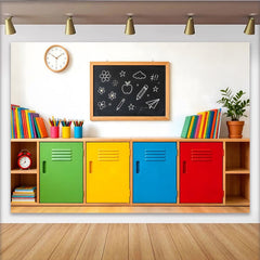 Lofaris Colorful Classroom Photography Backdrop with Blackboard and Lockers, Vibrant School Background for Kids' Portraits and Events