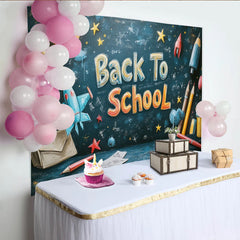 Lofaris Colorful Back To School Backdrop with Chalkboard Design, Space Elements and School Supplies for Classroom Decor