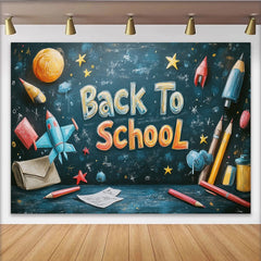 Lofaris Colorful Back To School Backdrop with Chalkboard Design, Space Elements and School Supplies for Classroom Decor