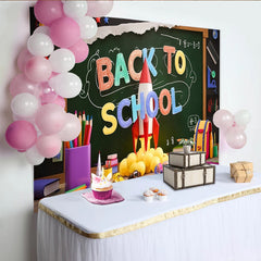 Lofaris Colorful Back To School Backdrop with Chalkboard and Rocket, Vibrant School Supplies Background for Classroom Decor and Photos