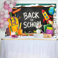 Lofaris Back To School Blackboard Backdrop with Backpack, Pencils and Rocket, Colorful Classroom Background for Kids Party Decoration