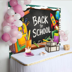 Lofaris Back To School Blackboard Backdrop with Backpack, Pencils and Rocket, Colorful Classroom Background for Kids Party Decoration