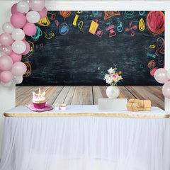 Lofaris Vibrant Chalk Doodle Birthday Backdrop with Wooden Floor, Black Chalkboard Background for Kids Party Photography