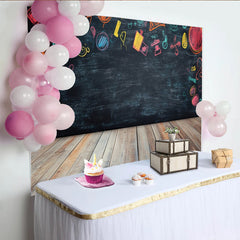 Lofaris Vibrant Chalk Doodle Birthday Backdrop with Wooden Floor, Black Chalkboard Background for Kids Party Photography