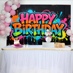 Lofaris Vibrant Graffiti Happy Birthday Backdrop with Neon Colors, Urban Street Art Background for Party Decor and Photoshoot