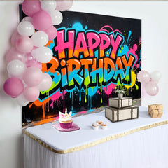 Lofaris Vibrant Graffiti Happy Birthday Backdrop with Neon Colors, Urban Street Art Background for Party Decor and Photoshoot