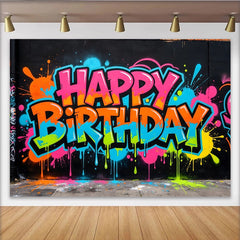 Lofaris Vibrant Graffiti Happy Birthday Backdrop with Neon Colors, Urban Street Art Background for Party Decor and Photoshoot