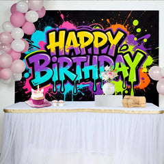 Lofaris Vibrant Graffiti Neon Happy Birthday Backdrop with Paint Splatter Design, Modern Photo Booth Background for Celebration