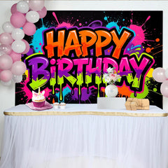Lofaris Vibrant Neon Graffiti Happy Birthday Backdrop with Paint Splatters, Colorful Party Background for Kids and Adults