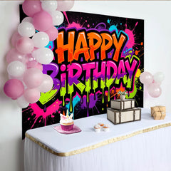 Lofaris Vibrant Neon Graffiti Happy Birthday Backdrop with Paint Splatters, Colorful Party Background for Kids and Adults