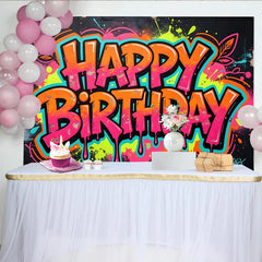 Lofaris Vibrant Neon Pink and Orange Graffiti Happy Birthday Backdrop, Cool Urban Street Art Party Decor for Celebration Photoshoot