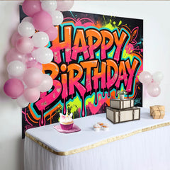 Lofaris Vibrant Neon Pink and Orange Graffiti Happy Birthday Backdrop, Cool Urban Street Art Party Decor for Celebration Photoshoot