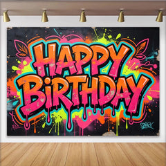 Lofaris Vibrant Neon Pink and Orange Graffiti Happy Birthday Backdrop, Cool Urban Street Art Party Decor for Celebration Photoshoot