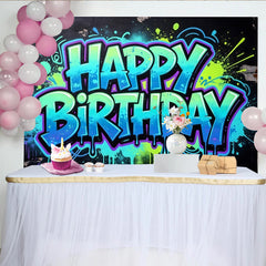 Lofaris Vibrant Graffiti Happy Birthday Backdrop with Paint Splatter, Colorful Street Art Style Photo Background for Party Decor