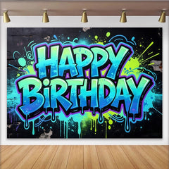 Lofaris Vibrant Graffiti Happy Birthday Backdrop with Paint Splatter, Colorful Street Art Style Photo Background for Party Decor