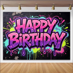 Lofaris Vibrant Graffiti Happy Birthday Backdrop with Neon Splatters, Cool Hip Hop Party Background for Photo Booth Decor