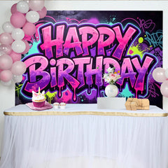 Lofaris Vibrant Graffiti Happy Birthday Backdrop with Pink and Purple Splatters, Urban Style Party Decor for Celebration Photoshoot