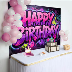 Lofaris Vibrant Graffiti Happy Birthday Backdrop with Pink and Purple Splatters, Urban Style Party Decor for Celebration Photoshoot
