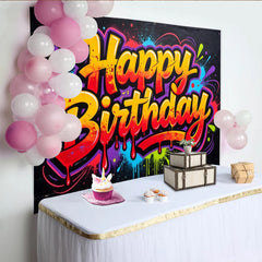 Lofaris Vibrant Graffiti Happy Birthday Backdrop with Colorful Paint Splatters, Dynamic Urban Style Photo Booth Prop for Celebration