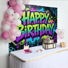 Lofaris Neon Graffiti Happy Birthday Backdrop with Vibrant Paint Splatters, Energetic Photo Background for Party Decoration