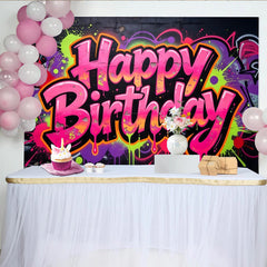 Lofaris Vibrant Graffiti Neon Happy Birthday Backdrop with Paint Splatters, Urban Party Background for Photoshoot Decor