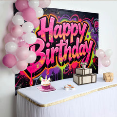 Lofaris Vibrant Graffiti Neon Happy Birthday Backdrop with Paint Splatters, Urban Party Background for Photoshoot Decor