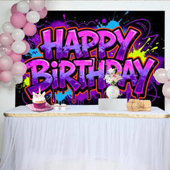 Lofaris Vibrant Graffiti Neon Happy Birthday Backdrop with Paint Splatters and Drips, Colorful Party Background for Celebrations