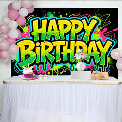 Lofaris Neon Graffiti Happy Birthday Backdrop with Paint Splatters, Vibrant Party Background for Photoshoot and Decor