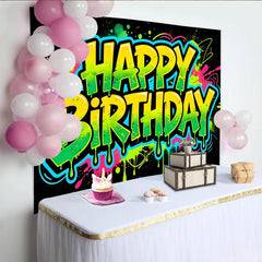 Lofaris Neon Graffiti Happy Birthday Backdrop with Paint Splatters, Vibrant Party Background for Photoshoot and Decor