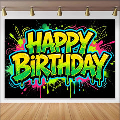 Lofaris Neon Graffiti Happy Birthday Backdrop with Paint Splatters, Vibrant Party Background for Photoshoot and Decor