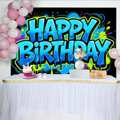 Lofaris Vibrant Graffiti Happy Birthday Backdrop with Blue and Green Paint, Urban Style Photo Booth Prop for Party Decor