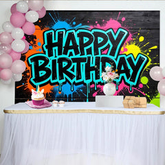 Lofaris Vibrant Neon Paint Splatter Graffiti Birthday Backdrop on Black Wood, Cool Party Decor Background for Photo Booth and Celebration
