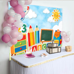 Lofaris Colorful Cartoon Back to School Backdrop with Rocket, Sun, and ABC Blocks, Educational Photography Background for Kids Party