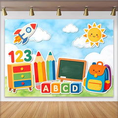 Lofaris Colorful Cartoon Back to School Backdrop with Rocket, Sun, and ABC Blocks, Educational Photography Background for Kids Party