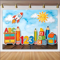 Lofaris Colorful Back to School Backdrop with Rocket, Sun, and ABC 123, Fun Learning Theme Background for Kids Photography