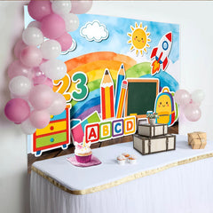 Lofaris Colorful School Photography Backdrop with Rainbow and Learning Elements, Bright Educational Background for Kids Photoshoot