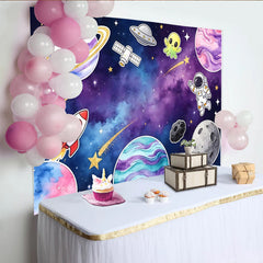 Lofaris Cartoon Space Photography Backdrop with Astronaut, Planets and Rocket Ship, Vibrant Galaxy Studio Background for Kids Birthday Decor
