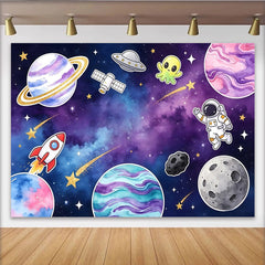 Lofaris Cartoon Space Photography Backdrop with Astronaut, Planets and Rocket Ship, Vibrant Galaxy Studio Background for Kids Birthday Decor