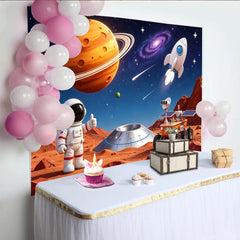 Lofaris Vibrant Cartoon Space Photography Backdrop with Astronaut and Planets, Colorful Studio Background for Kids Party Decor